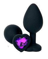 Анальная пробка "Vander" силикон, фиолетовый кристалл, сердце S, Чёрный